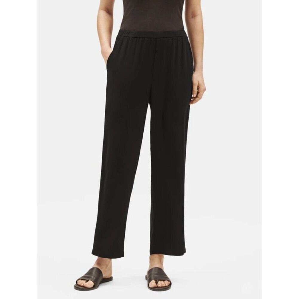 Eileen Fisher Black Silk Georgette Crepe Tapered Pants | Women's Large | Timeles